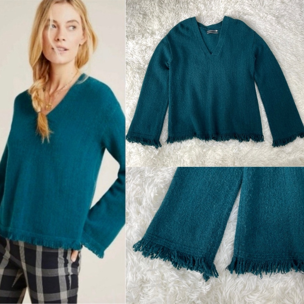 Anthropologie Joy Fringed Teal Wool Blend V-Neck Sweater
